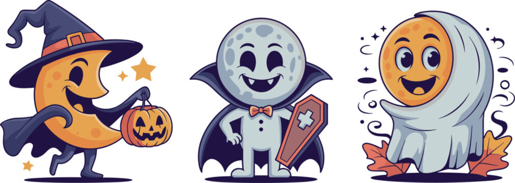 Set of three cute Halloween moon characters featuring witch costume with pumpkin, vampire with coffin, and ghost sheet illustration.