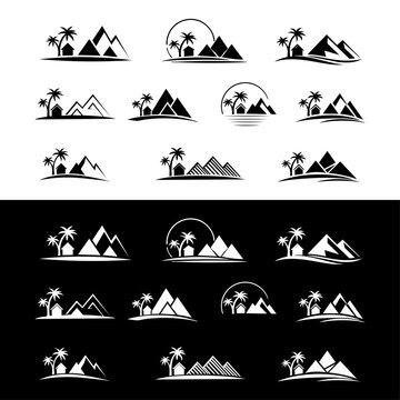 Tropical Island Mountain and Palm Tree Logo Collection in Black and White
