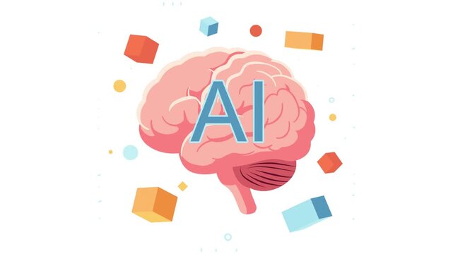 Video animation flat vector of a human brain with "AI" text. Background features circuitry and geometric shapes, symbolizing machine learning and cognitive technology.