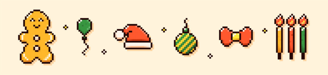 Fototapeta premium Pixel art Christmas elements. Gingerbread man, green balloon, Santa hat, bauble, red bow, candles.
