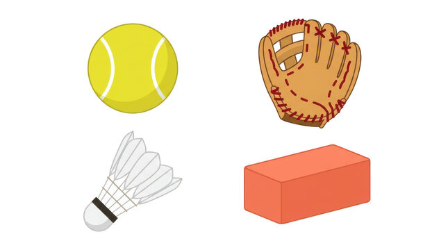 Sports equipment and object collection with a tennis ball baseball glove shuttlecock and brick isolated on transparent background