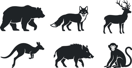Fototapeta premium Wild Animal Silhouette Icon Set Featuring Bear Fox Deer Kangaroo Boar and Monkey for Nature Branding Graphic Designs