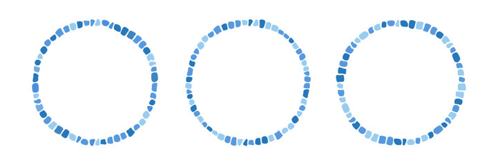 Obraz premium Blue antique stone mosaic circle frame set. Decorative Greek style round border. Abstract brick mosaic frame. Rome rock circle border. Design element. Vector illustration isolated on white background.