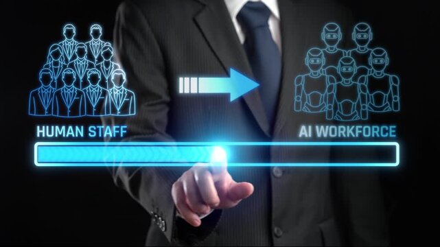 Transitioning from Human Staff to AI Workforce Depicted through Futuristic Graphics and Professional Imagery in a Corporate Setting. Liminal.