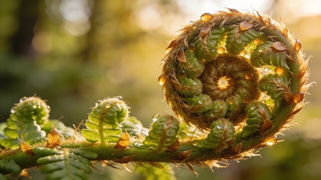 Close up photo of a spiraled fern fiddlehead frond covered in morning dew drops in golden forest light. Ideal for botanical research environmental articles and nature posters.