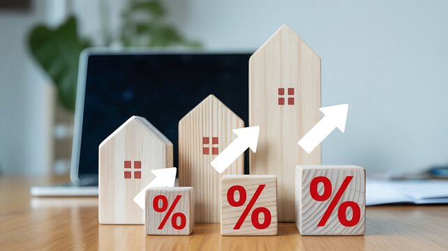 Wooden house models with increasing interest rate percentage blocks and rising white arrows representing real estate inflation and market growth