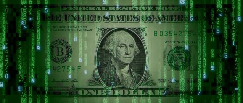 Digital Money Concept with One Dollar Bill made up of Animated Numbers and Symbols. Innovative Banking Wallpaper.