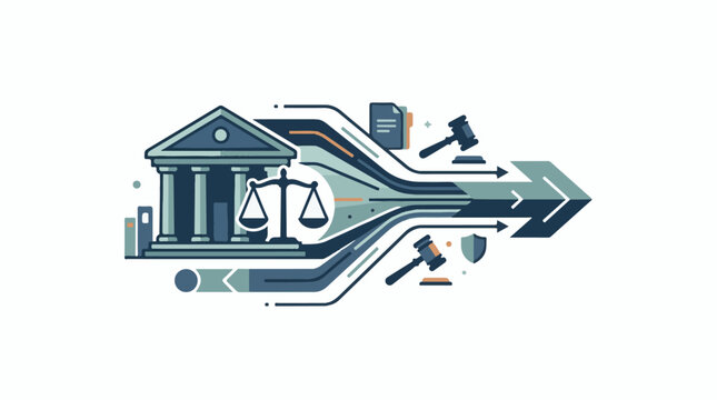 Stylized courthouse with scales of justice and converging data streams to an arrow