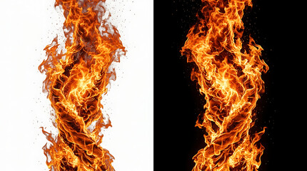 Fototapeta premium Swirling Fire Flame Pillar Split Screen Set on White and Black Background