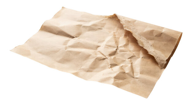 Crumpled piece of brown craft paper isolated on transparent background