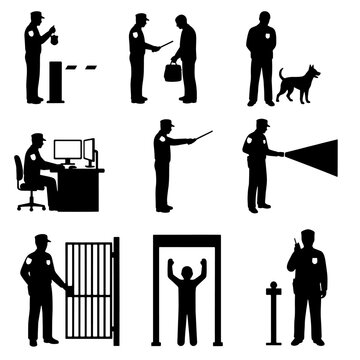 Collection of security guard and police officer silhouettes featuring patrol, inspection, surveillance, access control, and checkpoint activities. Ideal for security, law enforcement, protection, safe