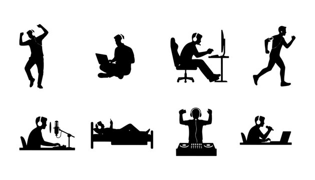Collection of lifestyle silhouettes showing work, exercise, relaxation, sleep, and everyday activities. Perfect for wellness, productivity, fitness, daily routine, and infographic design projects.
