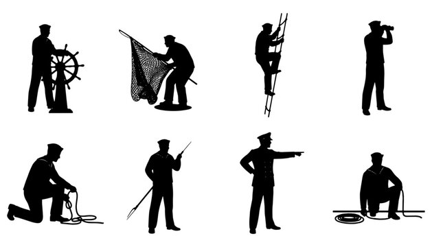 Collection of sailor and maritime worker silhouettes featuring navigation, fishing, rope handling, climbing, and ship crew activities. Perfect for marine, nautical, shipping, harbor, and seafaring des