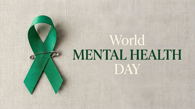 A green awareness ribbon pinned to a textured fabric background for world mental health day