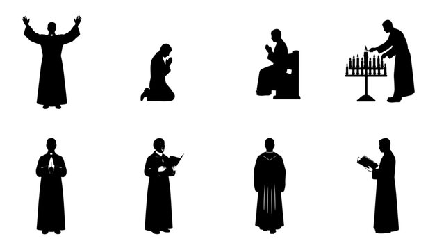 Collection of Christian priest silhouettes in prayer, worship, reading scripture, and church service poses. Perfect for religion, faith, church, spiritual, and Christian design projects.