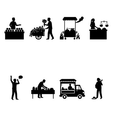 Collection of market vendor silhouettes featuring street food stalls, farmers, produce sellers, and local marketplace scenes. Ideal for retail, agriculture, food market, shopping, and commercial 