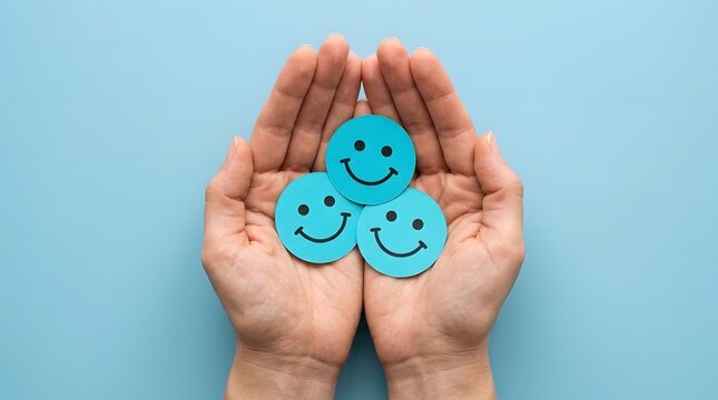 Hands holding three blue smiley face icons on a light blue background