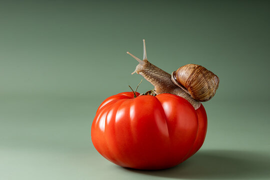 Snail sitting on fresh tomato . Natural organic quality assurance.