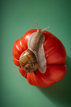 A garden snail crawls across a fresh tomato. Eco natural farm concept