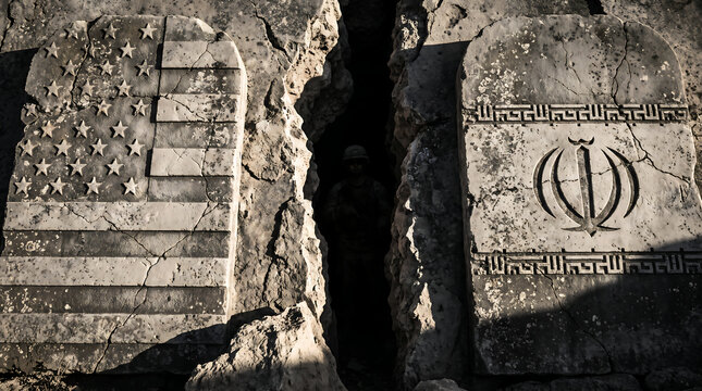 Conceptual representation of tension between united states and iran with stone carvings conflict politics geopolitics division international relations diplomacy