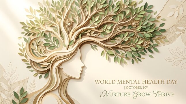 World mental health day concept with a stylized papercut woman profile and tree branches