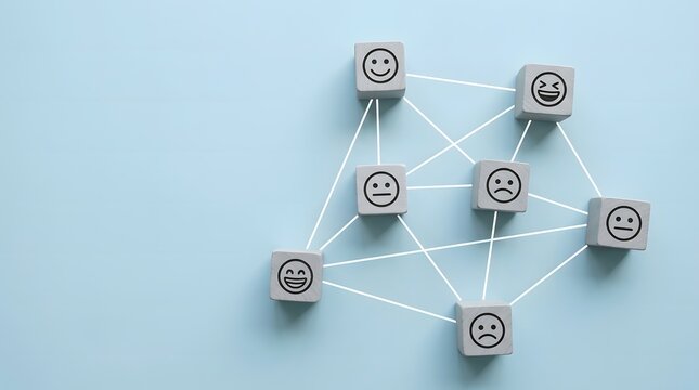 Connected wooden blocks with different facial expressions on a blue background