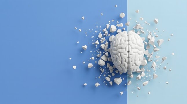 Human brain model breaking into pieces on blue background
