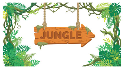 Jungle directional sign hanging among vines and plants. © SABIKUNNAHAR
