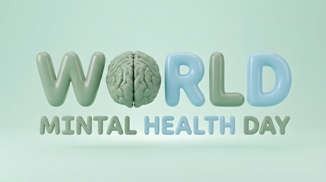 3d render of world mental health day text with a brain icon on a soft green background