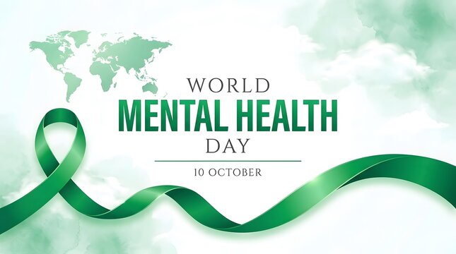 World mental health day concept with green awareness ribbon and world map