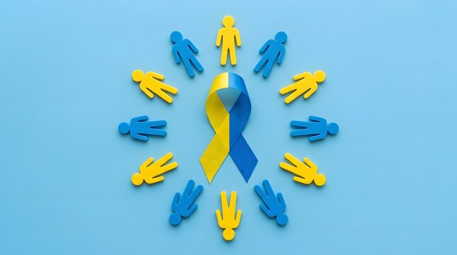 Yellow and blue awareness ribbon surrounded by human figures