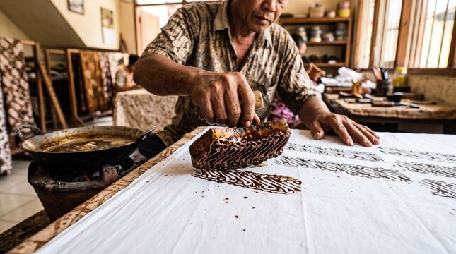 Indonesian craftsman using a copper stamp to apply wax patterns on fabric for traditional batik production.