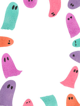 Cute colorful ghosts pattern halloween border design Pastel ghost characters black background halloween frame Kawaii halloween ghosts teal pink purple border illustration