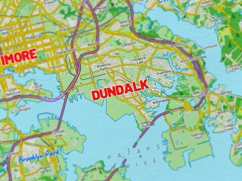 Macro View of Dundalk Maryland Map Showing Detailed Streets, Roads, and Geographic Layout