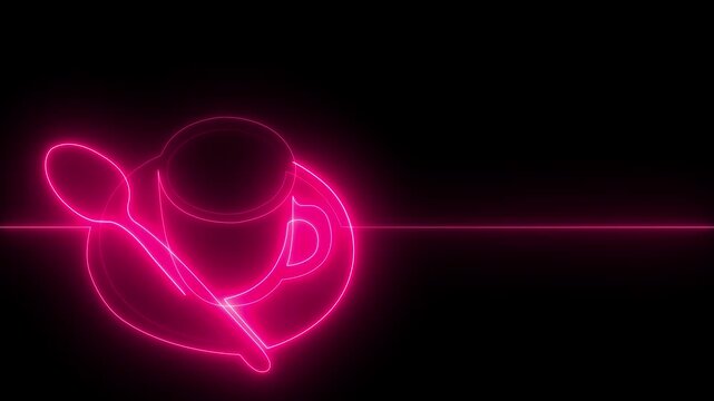 Glowing Neon Coffee Cup and Spoon Continuous Line Art Animation with Dynamic Color Changing Effect on Black Background Loop