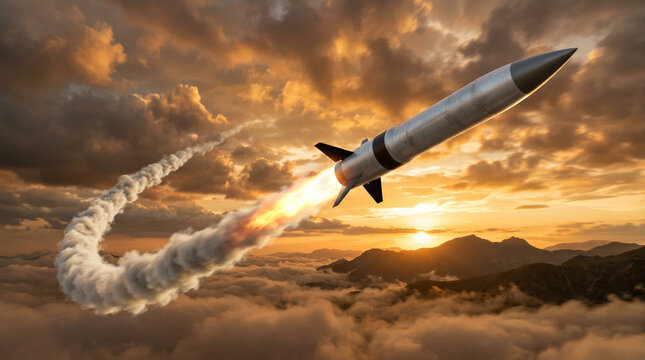 Missile launching through clouds at dramatic sunset