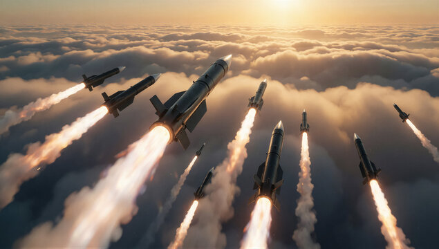 Missiles launching through clouds at sunset, war concept