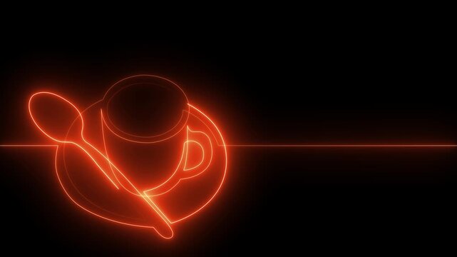 Glowing Neon Coffee Cup and Spoon Continuous Line Art Animation with Dynamic Color Changing Effect on Black Background Loop