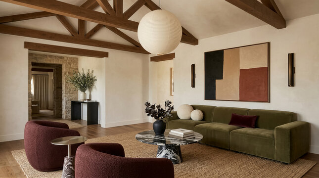 Modern Living Room Interior with Olive Green Sofa, Wooden Beam Ceiling, Round Pendant Light, and Abstract Wall Art 