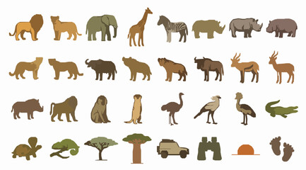 Hand drawn African safari wildlife and savanna animal vector icons set featuring iconic mammals birds reptiles nature and adventure symbols isolated on white background © MdBarat