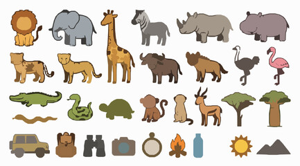 Obraz premium Colorful hand drawn African safari wildlife and savanna animal doodle vector icons set with nature adventure camping and conservation symbols on white background