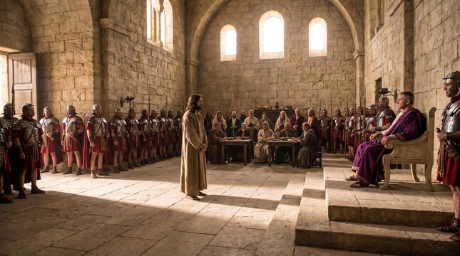 Jesus Christ stands in the center of a spacious stone hall facing Pontius Pilate on an elevated throne flanked by rows of Roman soldiers during his trial.