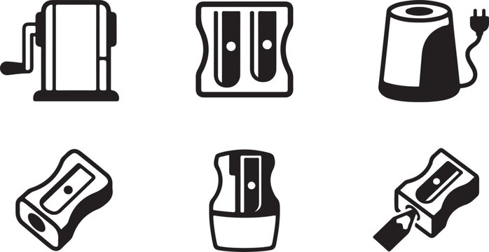 Six different pencil sharpener styles in black and white icons Vector
