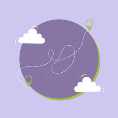 Journey through a map with dotted lines and markers showing travel points and clouds in a simple design © fotofabrika