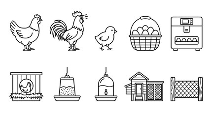 Poultry farming and chicken coop line icon collection © OSTI