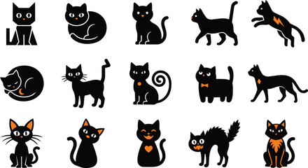 Obraz premium Set of cute black halloween cat illustrations in various poses isolated on a white background