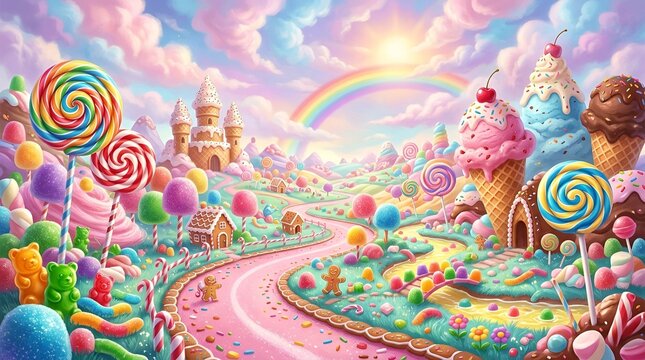 Colorful candy land with giant lollipops and rainbow sky