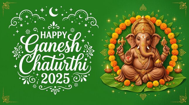 Ganesh Chaturthi festive greeting with eco clay idol, marigold flower, laddu sweet, green background, leaf decoration and celebration message text