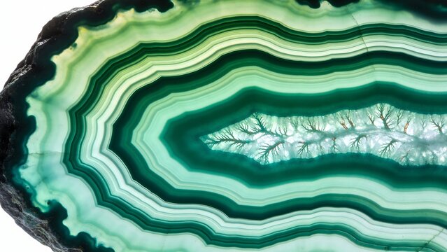 High resolution backlit photo of green agate geode slice displaying concentric bands and crystal center. Ideal for interior decoration prints geology articles and abstract background designs.