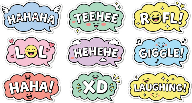 Cute Cartoon Comic Speech Bubble Sticker Set with Laughing Sound Effects and Fun Typography for Greeting Cards Posters and Digital Media Designs